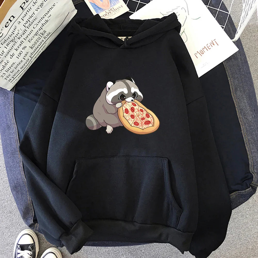 Cartoon Pizza Raccoon Hoodie Women Cute Print Hoodies