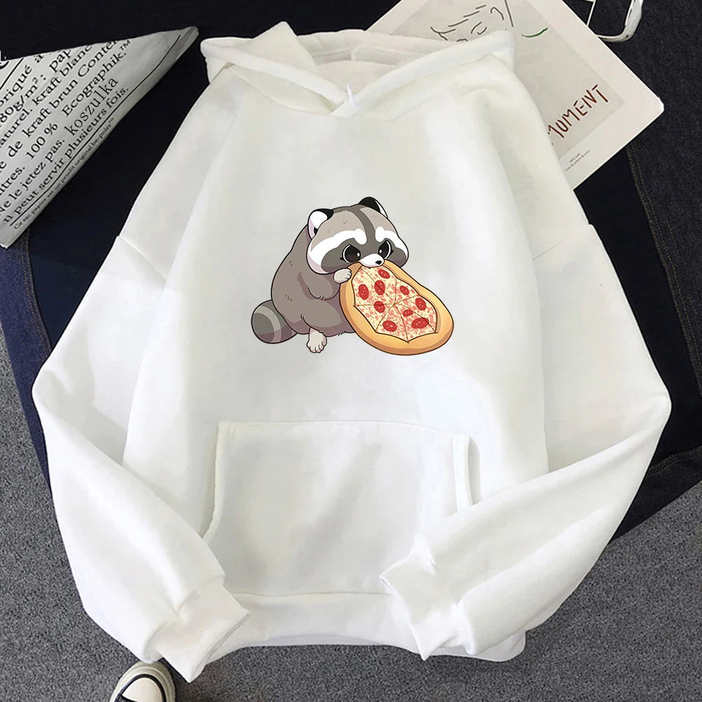 Cartoon Pizza Raccoon Hoodie Women Cute Print Hoodies