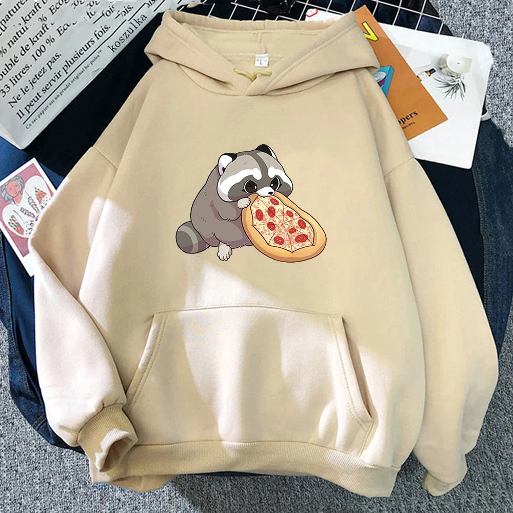 Cartoon Pizza Raccoon Hoodie Women Cute Print Hoodies