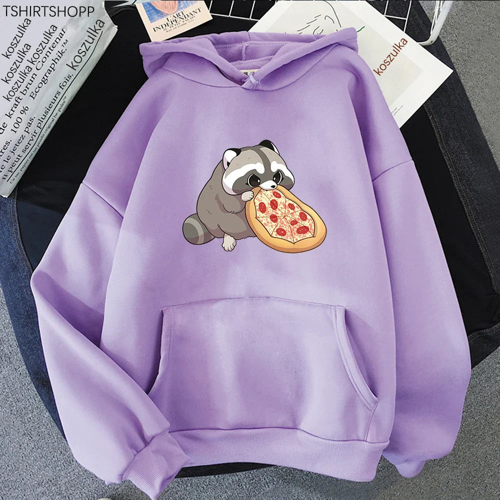 Cartoon Pizza Raccoon Hoodie Women Cute Print Hoodies