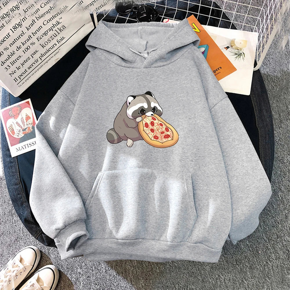 Cartoon Pizza Raccoon Hoodie Women Cute Print Hoodies