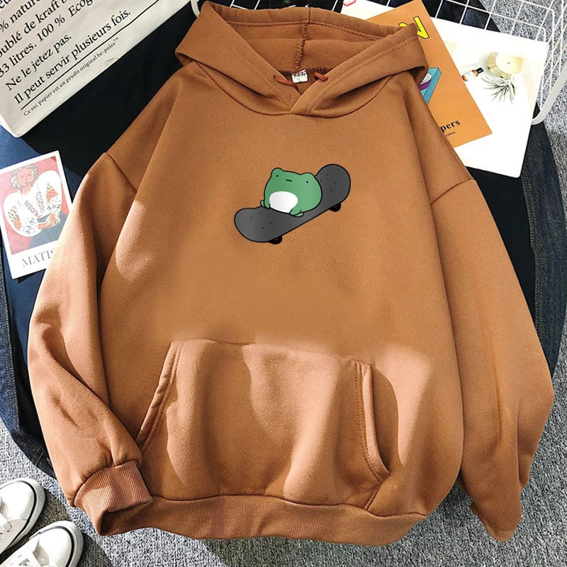 Cute Skateboard Frog Print Hoodies Cartoon Fleece Hooded Pullover Sweatshirts
