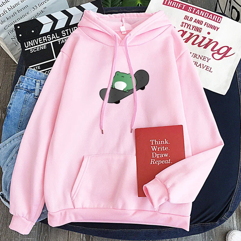 Cute Skateboard Frog Print Hoodies Cartoon Fleece Hooded Pullover Sweatshirts