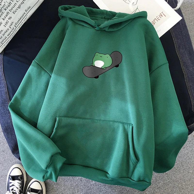 Cute Skateboard Frog Print Hoodies Cartoon Fleece Hooded Pullover Sweatshirts