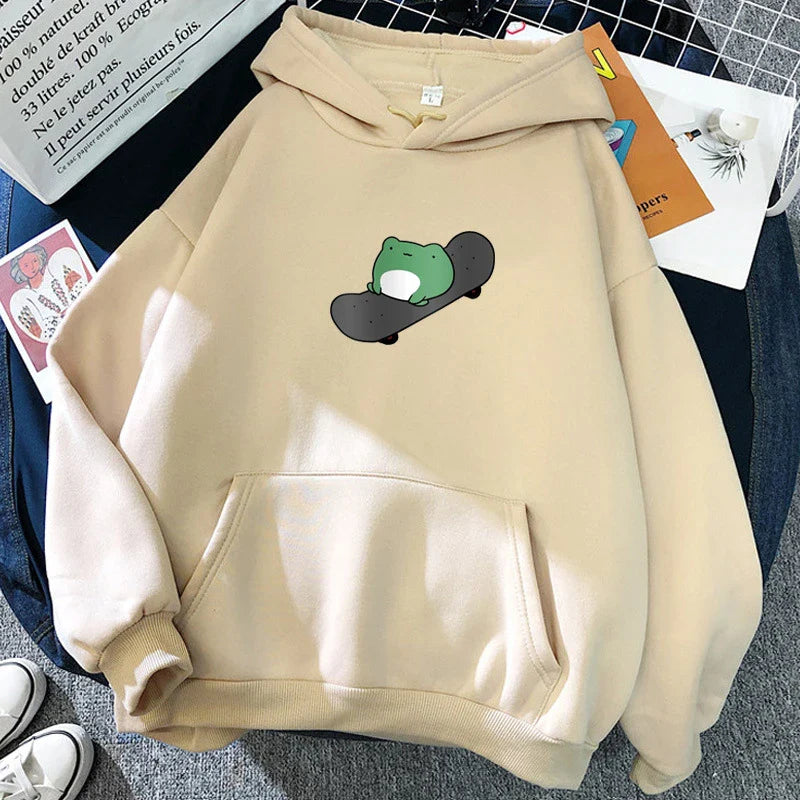 Cute Skateboard Frog Print Hoodies Cartoon Fleece Hooded Pullover Sweatshirts