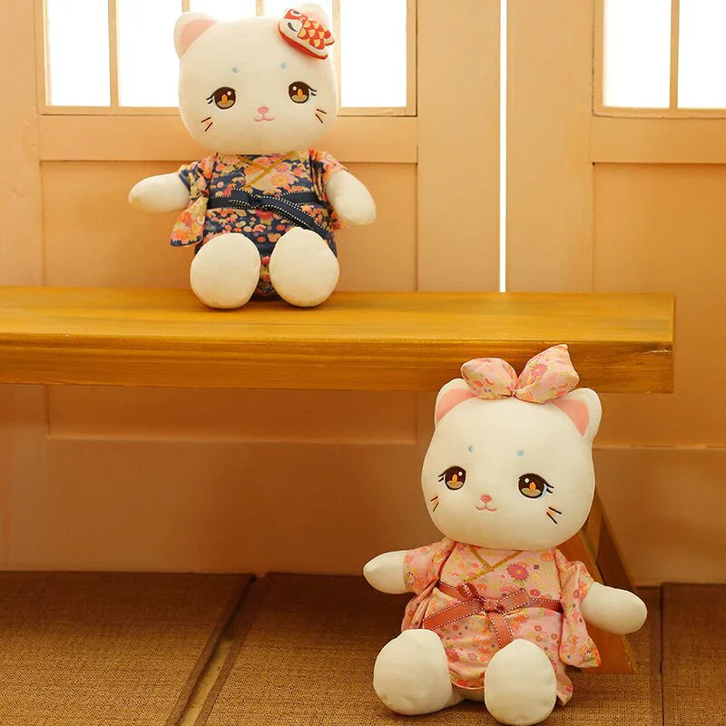 Adorable white cat plush toy wearing a floral kimono; soft PP cotton filling, available in two kimono styles.