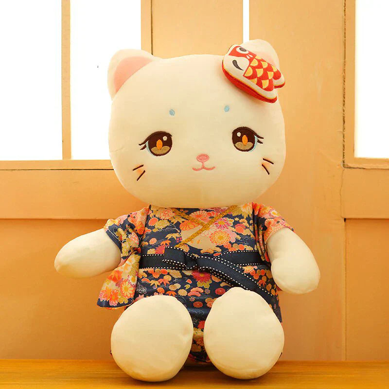 Adorable white cat plush toy wearing a floral kimono, filled with PP cotton.  Perfect for cuddling!