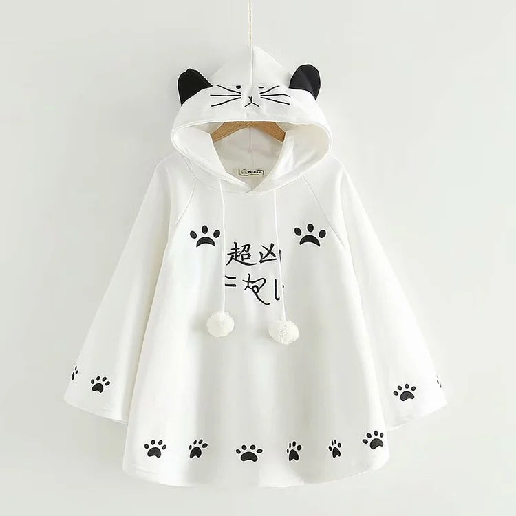 White plush Harajuku cat paw hoodie; features cat ears, paw prints, and pom-poms.  Sizes M-4XL.