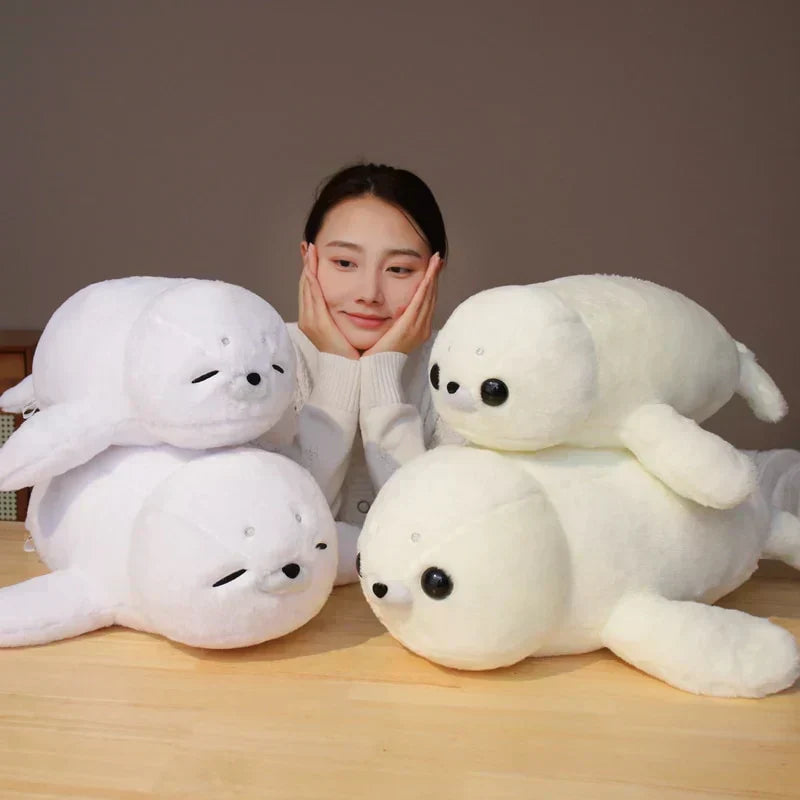 Adorable white fluffy seal plush toy, made of premium PP cotton, hypoallergenic, perfect for cuddling.
