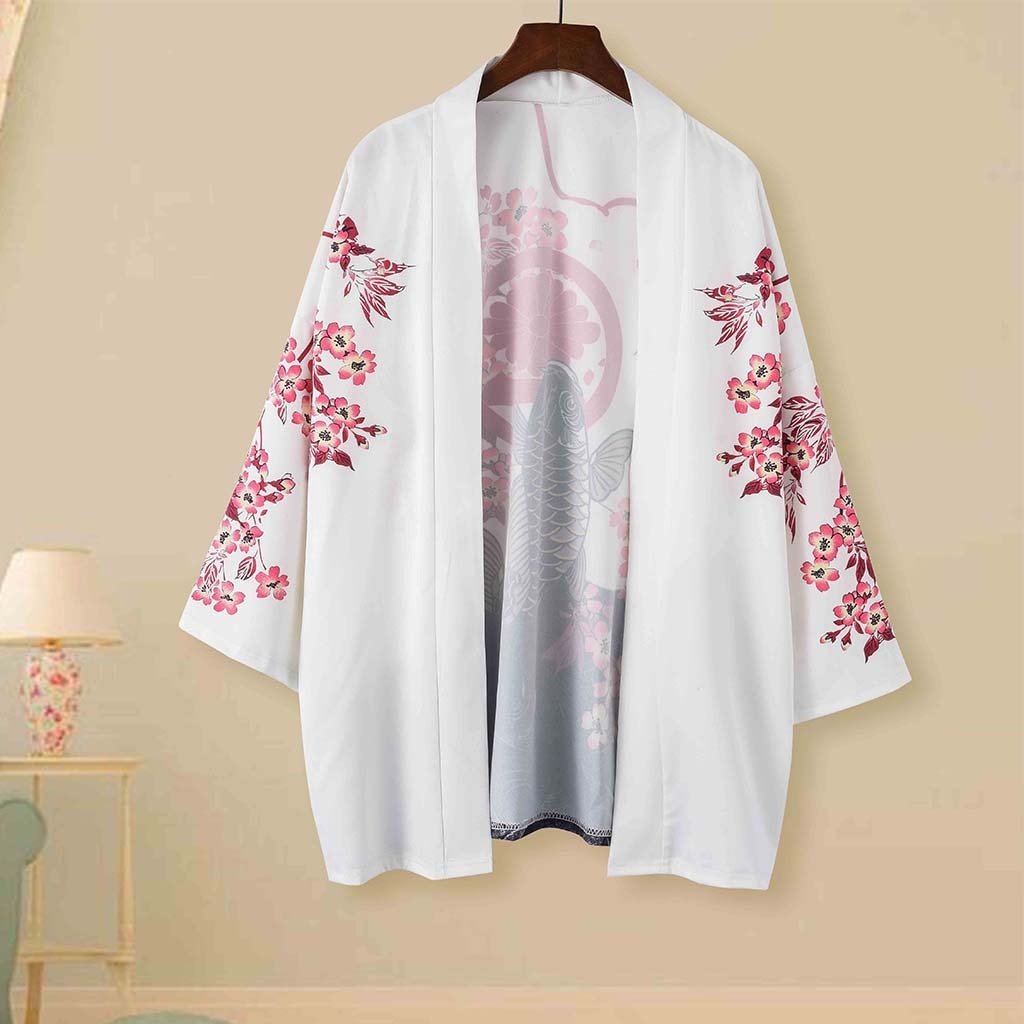 White unisex kimono featuring a koi fish and cherry blossom print; made of soft polyester; available in sizes M-XXL.