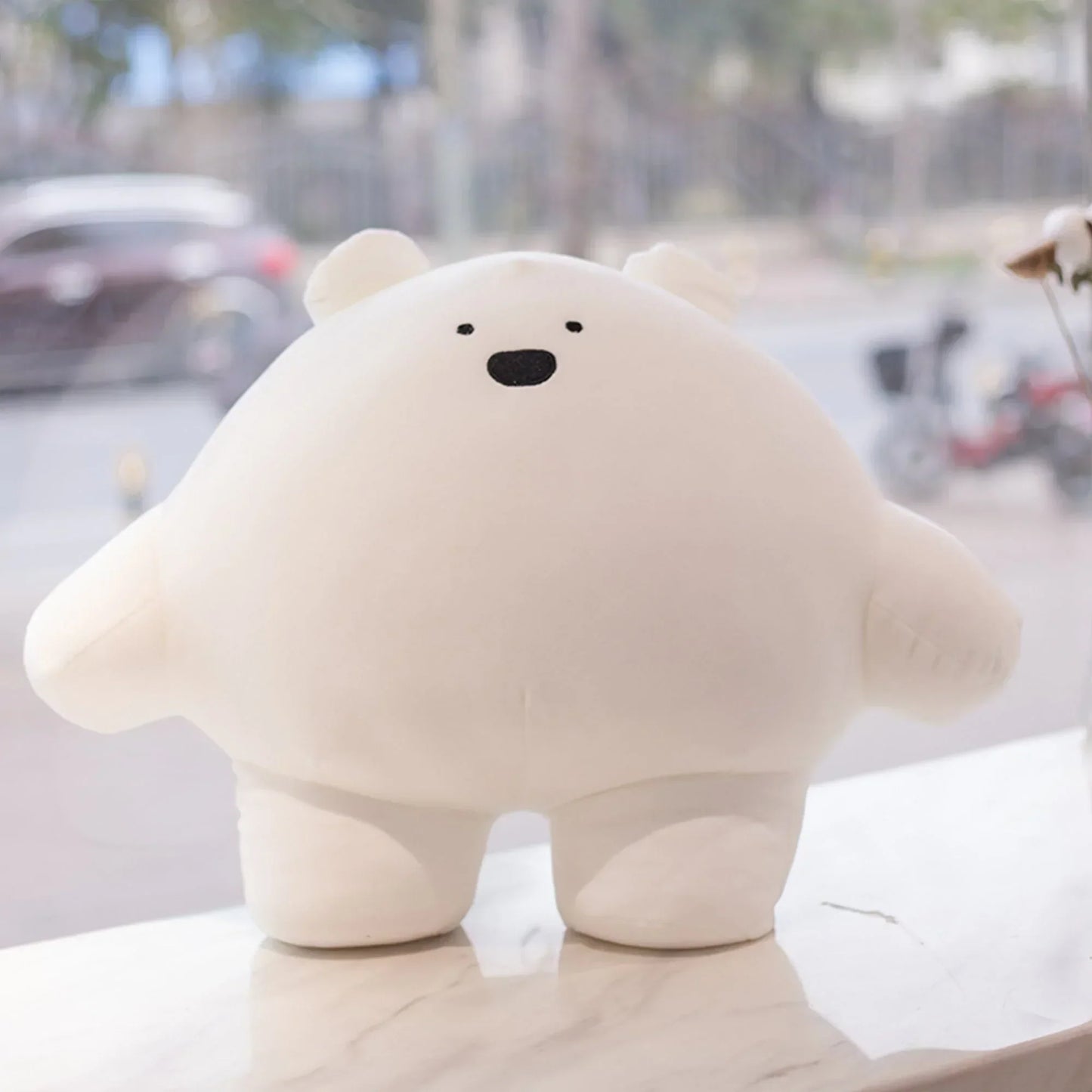 White plush polar bear pillow; soft, cuddly, perfect for cuddling or as a decorative pillow. Filled with PP cotton.
