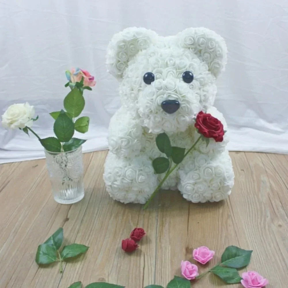 Adorable white rose teddy bear plush toy, handcrafted with artificial roses, perfect gift for any occasion.