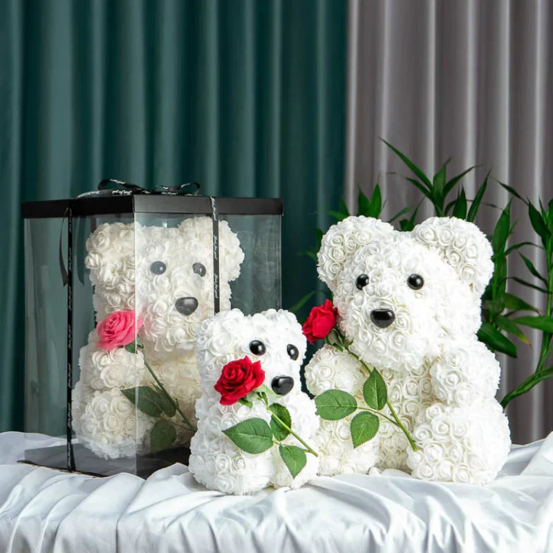 White rose teddy bear, handcrafted plush toy with artificial roses, perfect gift for any occasion.