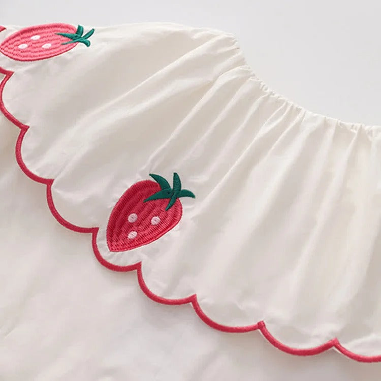 White polyester shirt & denim overall dress set; long sleeves, strawberry embroidery, preppy style.