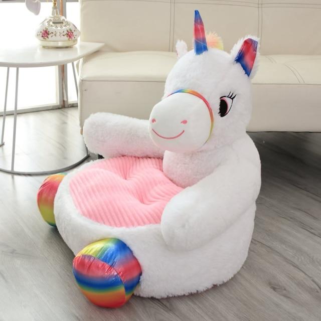 Plush unicorn chair seat, 50cm, white with rainbow details, soft PP cotton filling, pink cushion.