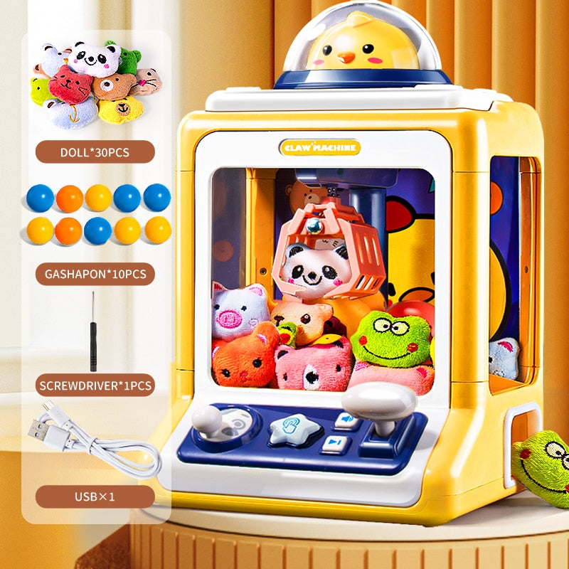 Yellow chick-themed claw machine arcade game with joystick controls, lights, sounds, 10 plush toys, 10 eggs, USB & battery power.