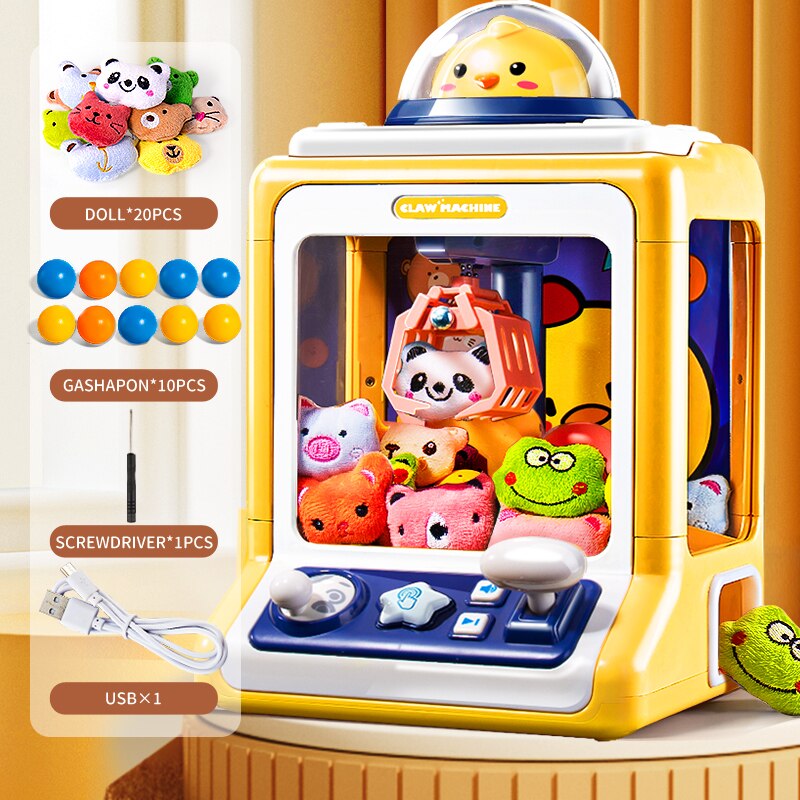 Yellow mini arcade claw machine toy with joystick, lights, sounds, & 20 plush toys and 10 eggs.  Fun for kids & adults!