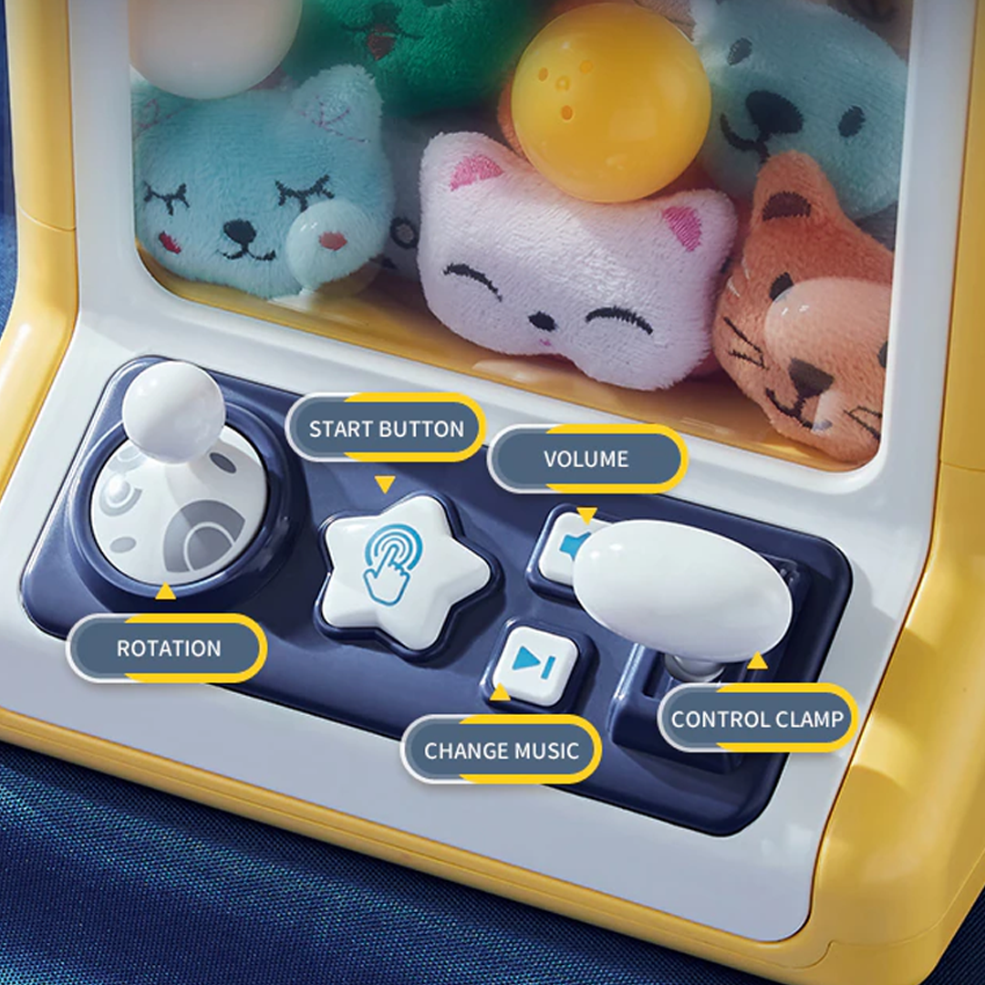 Yellow mini arcade claw machine with joystick, buttons, and 10 plush toys inside.  Fun interactive game for kids and adults.