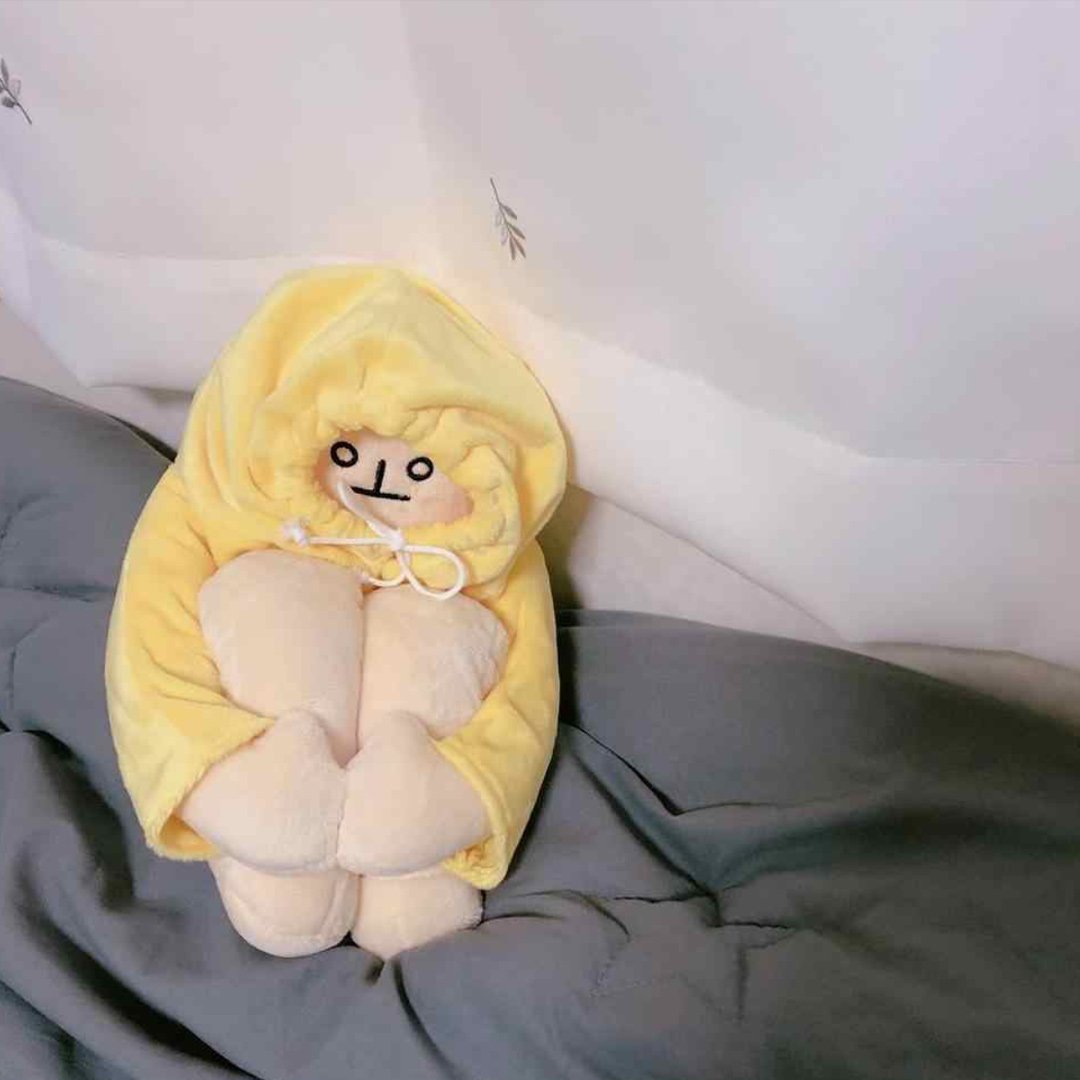 Cute yellow hoodie plush toy, Moody, 43 inches tall, made of soft PP cotton, perfect for cuddling and stress relief.