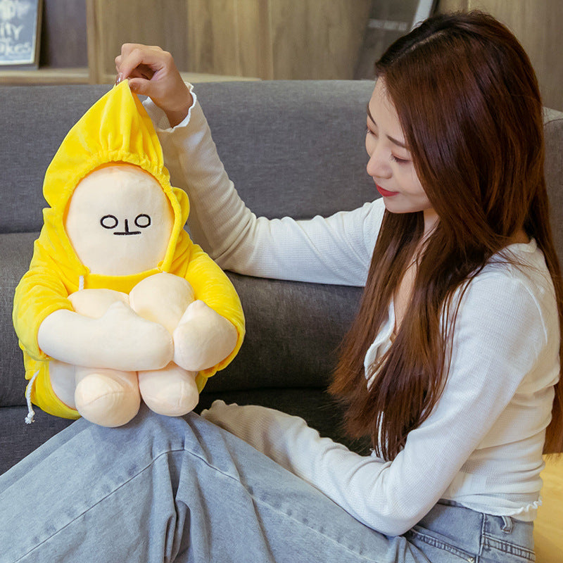 43in yellow hoodie plush toy, Moody, made of premium PP cotton.  Soft, cuddly, hypoallergenic, and machine washable.  Perfect for stress relief.