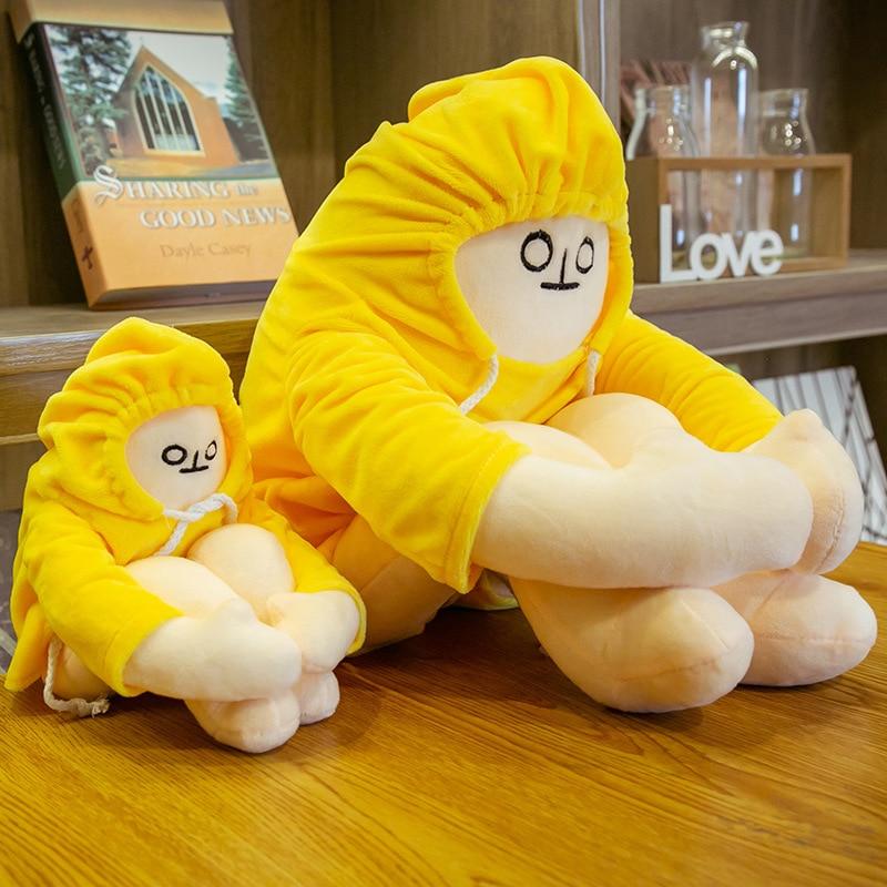 Cute yellow hoodie plush toy, 43 inches tall, made of soft PP cotton.  Hypoallergenic & machine washable.  Perfect for cuddling & stress relief.