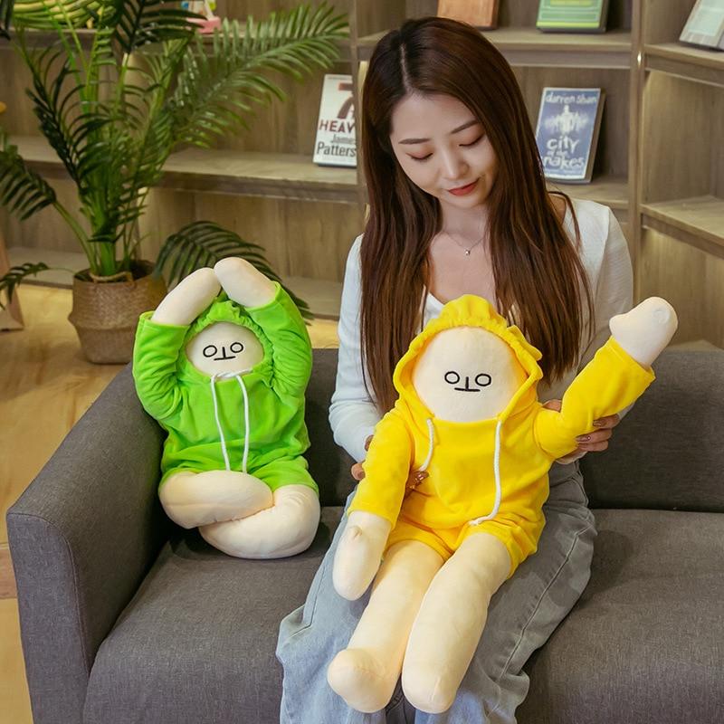 43in yellow hoodie plush toy; soft, cuddly, hypoallergenic PP cotton; grumpy, cute expression; perfect for stress relief.